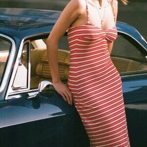 Pujka Adjustable Strap Red/Pink Striped Bodycon Guard Stripe Dress Size Small